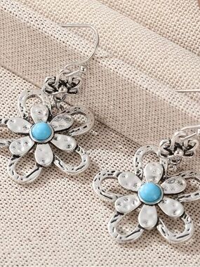 Silver Floral Drop Earrings with Turquoise Center